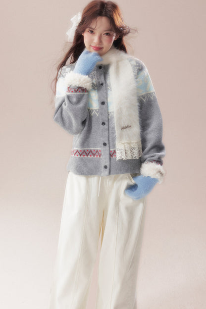 Bowknot Fair Isle Sweater Cardigan