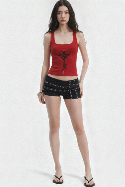 Metal Rivet Cross Strap Low-Waist Shorts