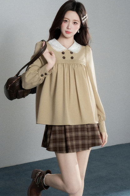 Khaki Doll Collar Pullover Shirt and Skirt Set-Up