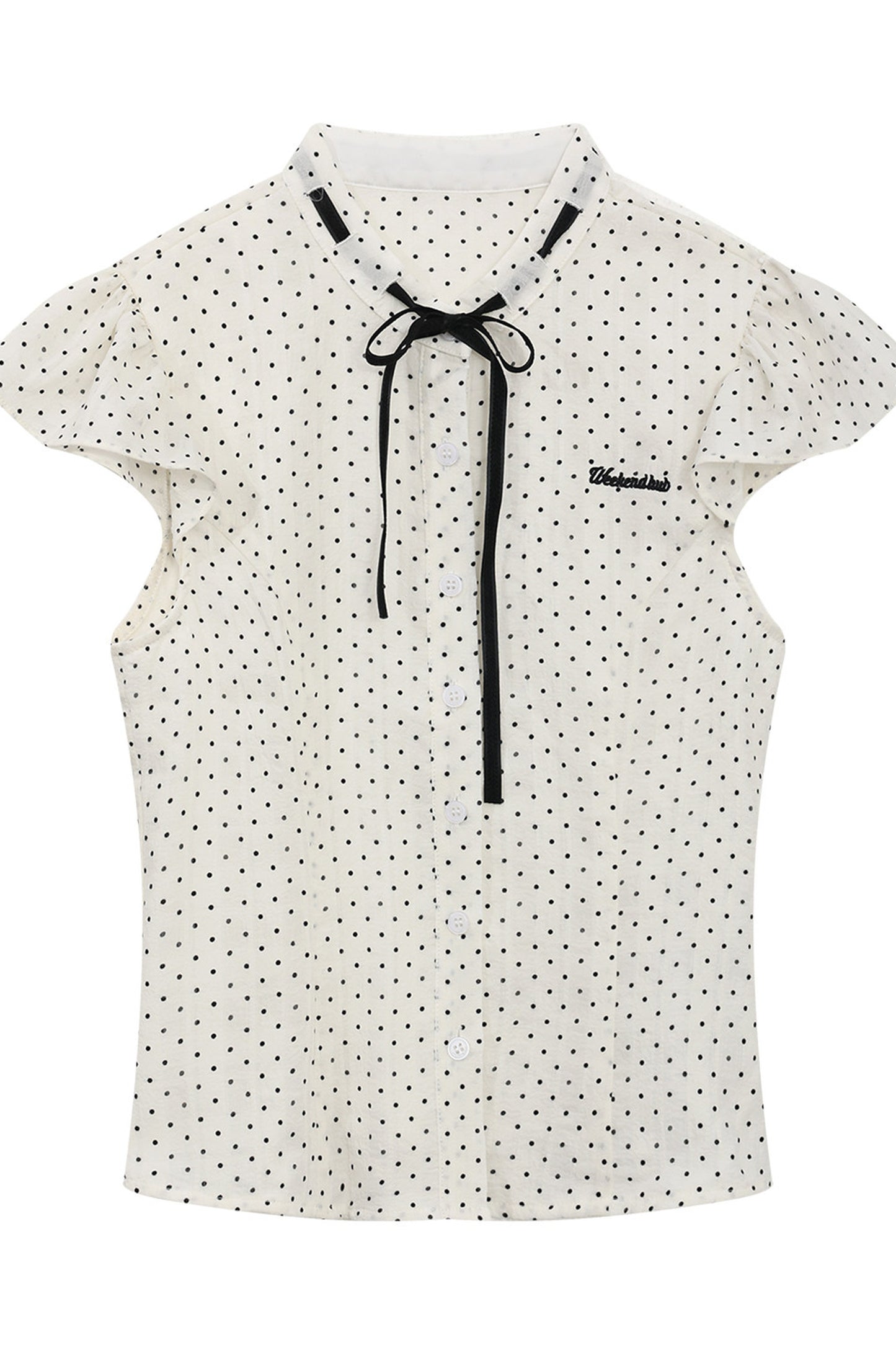 Polka Dot Tie Neck Short-Sleeved Shirt and Skirt Set-Up