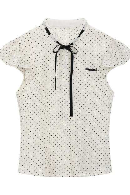Polka Dot Tie Neck Short-Sleeved Shirt and Skirt Set-Up