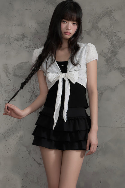 Polka Dot Bow Cardigan And Ruffle Skirt Set-Up