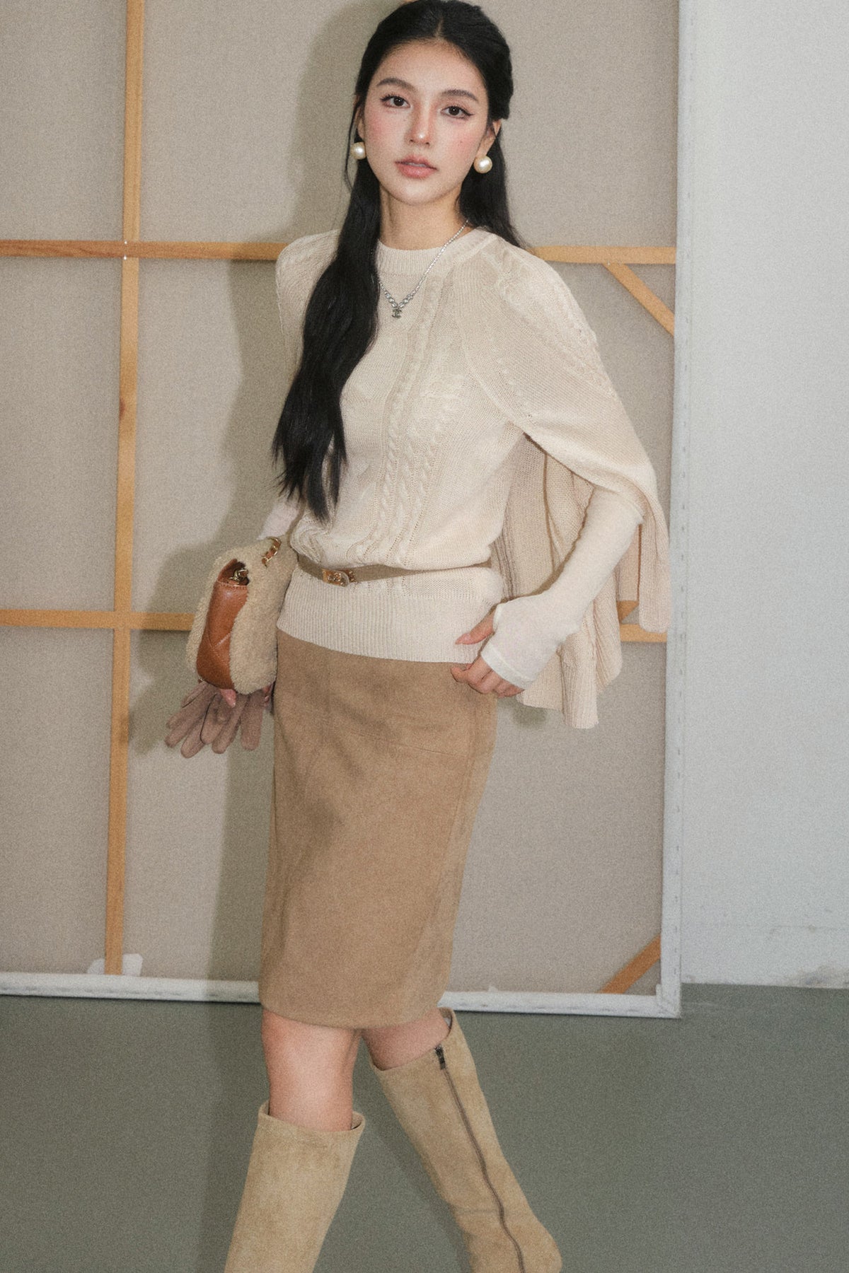 Off-White Lyocell Semi-Sheer Long-Sleeve Top and Skirt Set-Up