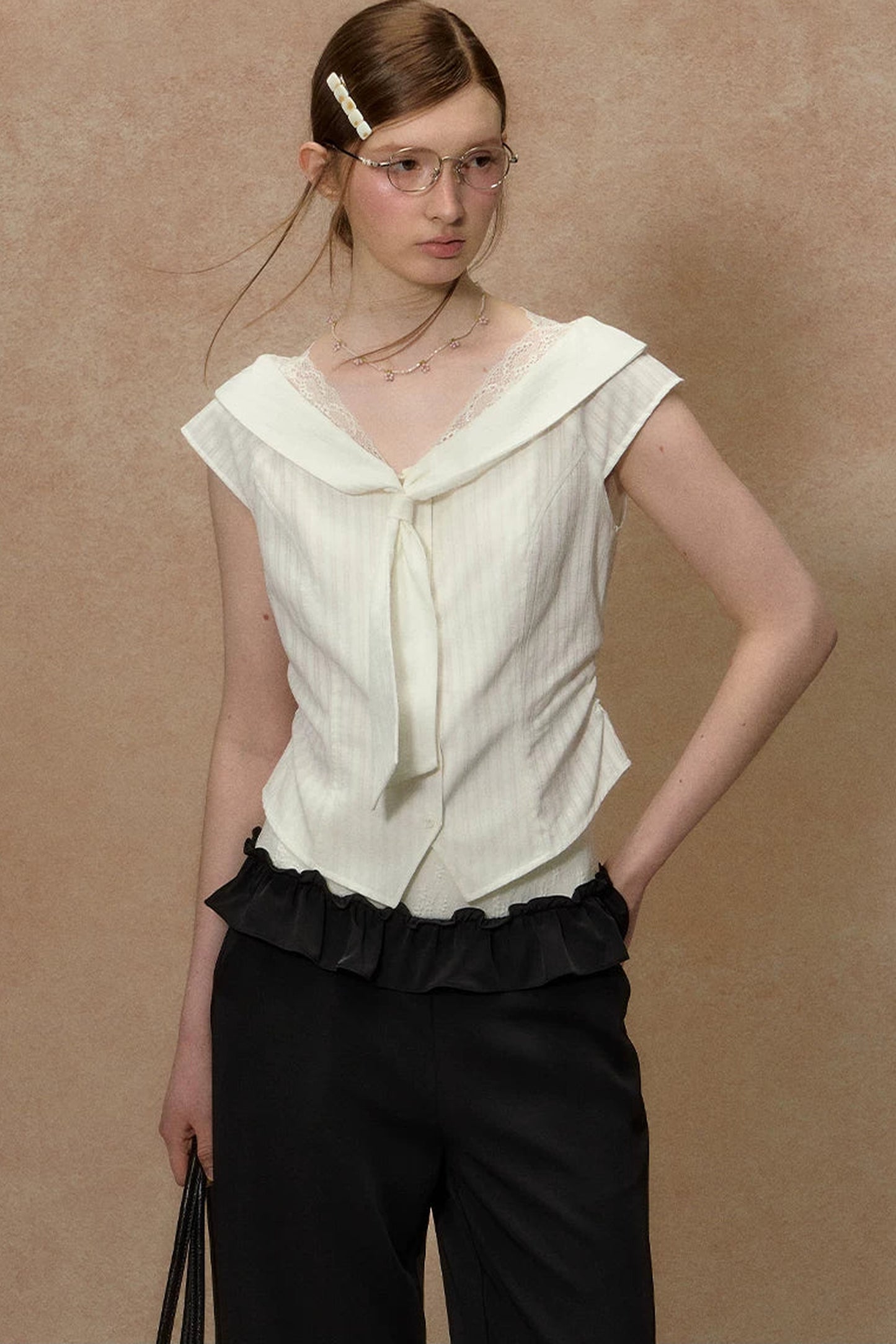 Lace-Trimmed Striped Blouse