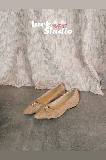 Suede Bow Square-Toe Wedge Heel Slip-On Shoes