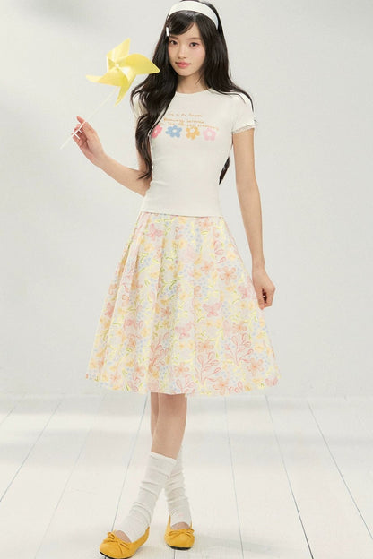 Floral Pleated Skirt and T-shirt Set-Up