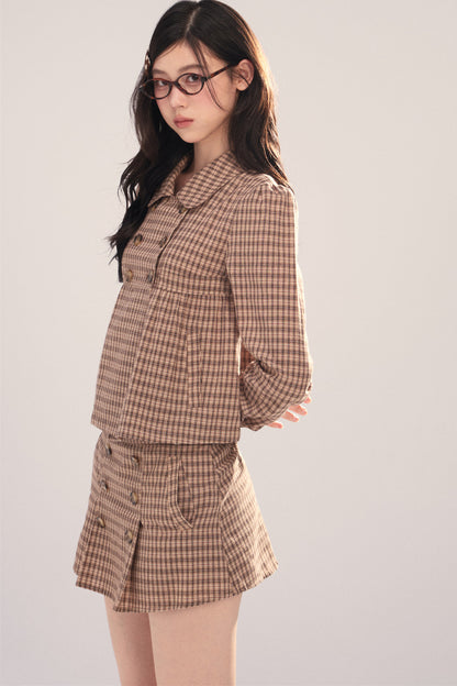 Long-Sleeved Plaid Shirt and Skirt Set-Up