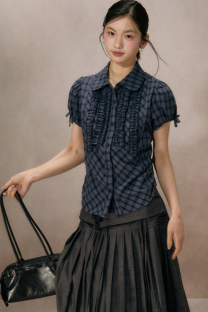 Navy Plaid Ruffled Short Sleeve Shirt