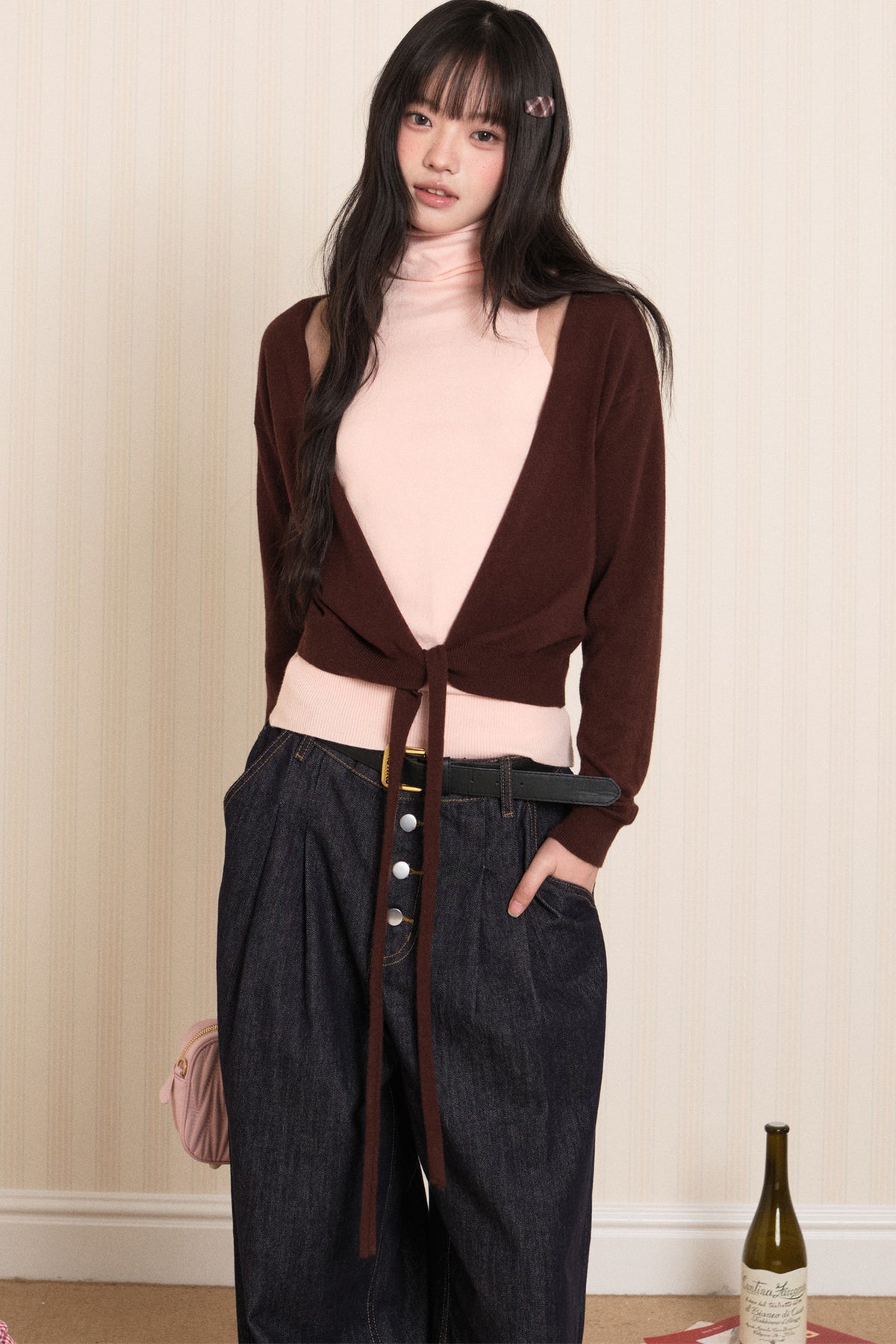 Layered High-Neck Vest and Tie-Up Cardigan Set-Up