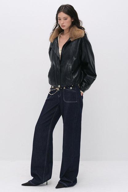 Textured Leopard Fur Collar PU Jacket
