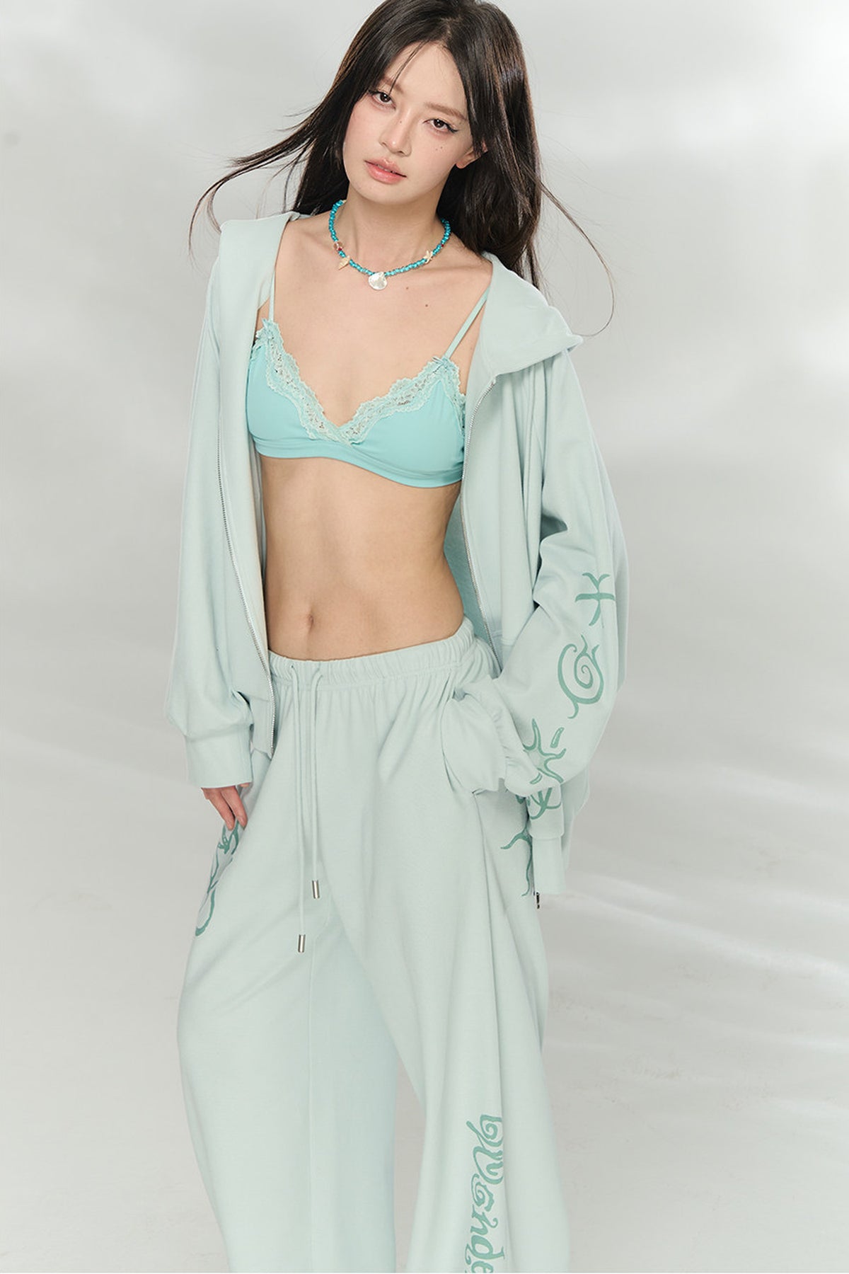 Waffle Knit Print Sweatshirt and Pants Set-Up