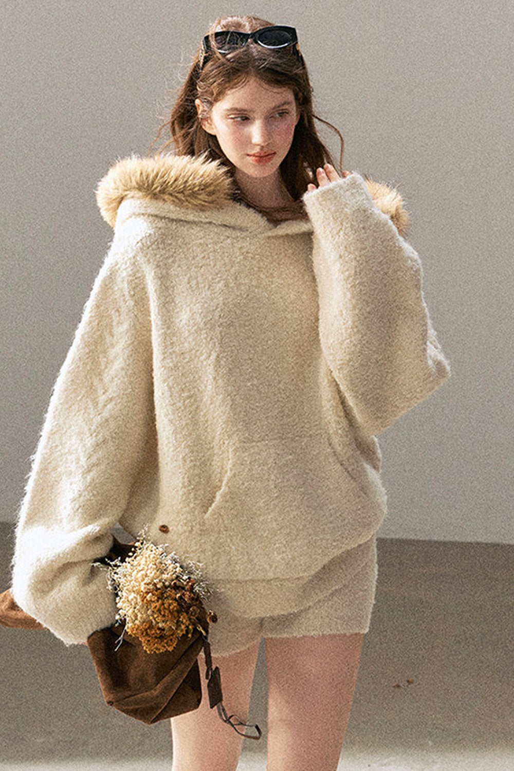 Hooded Wool Knit Top And Shorts Set-Up