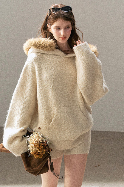 Hooded Wool Knit Top And Shorts Set-Up