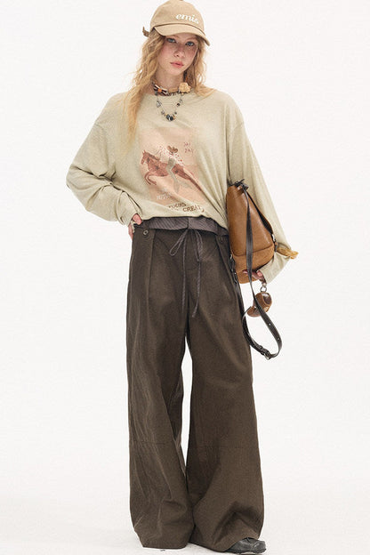 Pantalon droit à rayures et empiècements