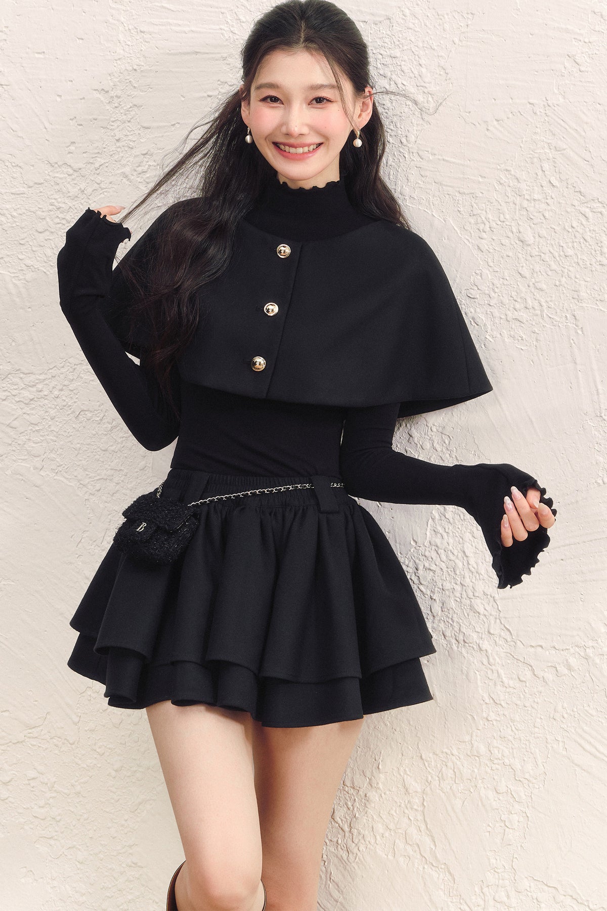 Black Long-Sleeve Base Shirt and Knitted Skirt Set-Up