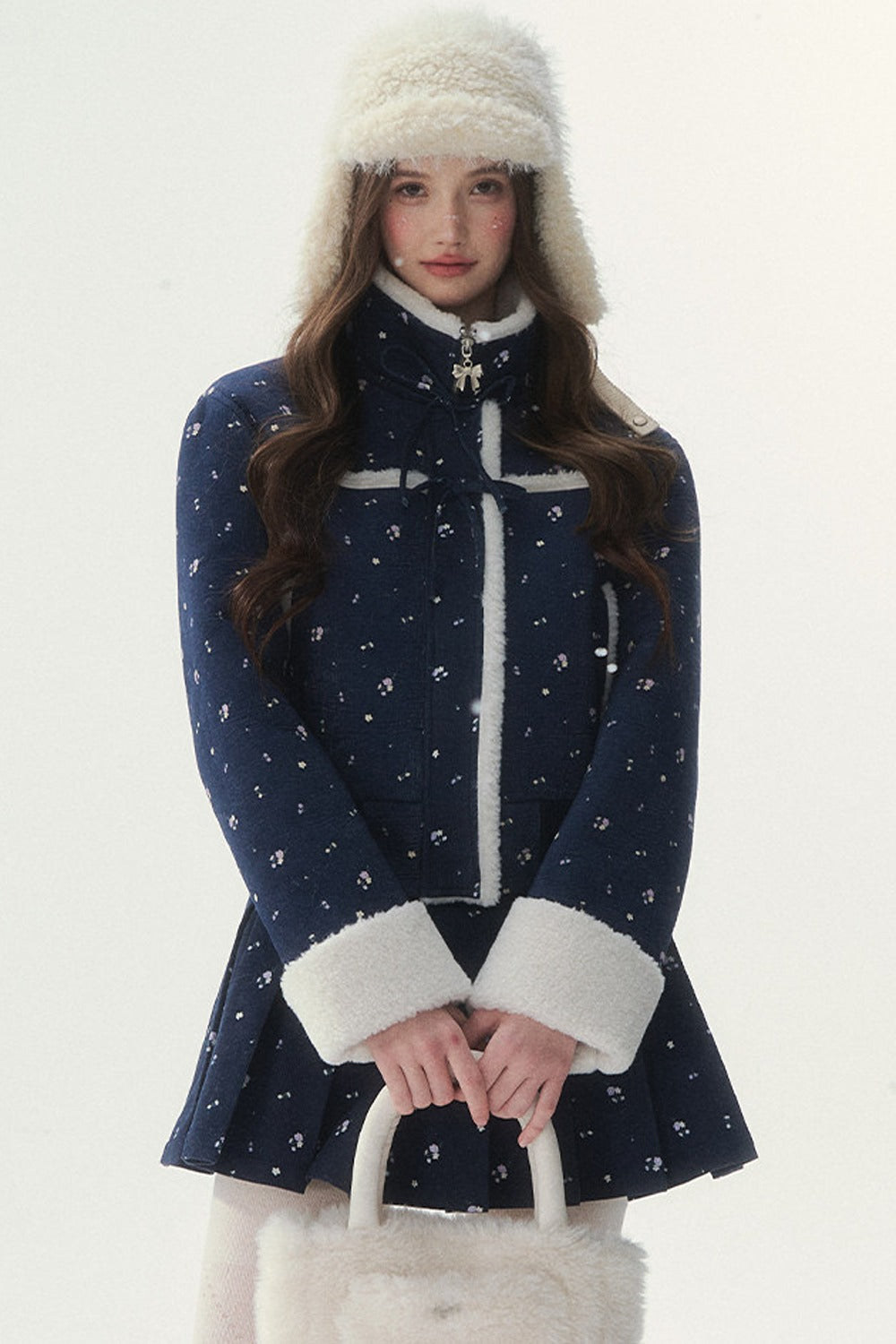 Floral Corduroy Lambswool Patchwork Jacket and Pleated Skirt Set-Up