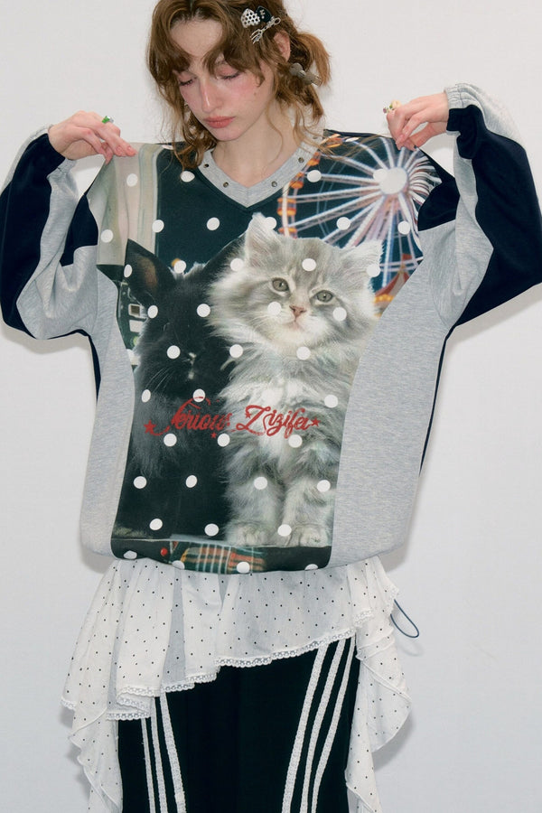 Spliced Cat Print Polka Dot V-Neck Sweatshirt