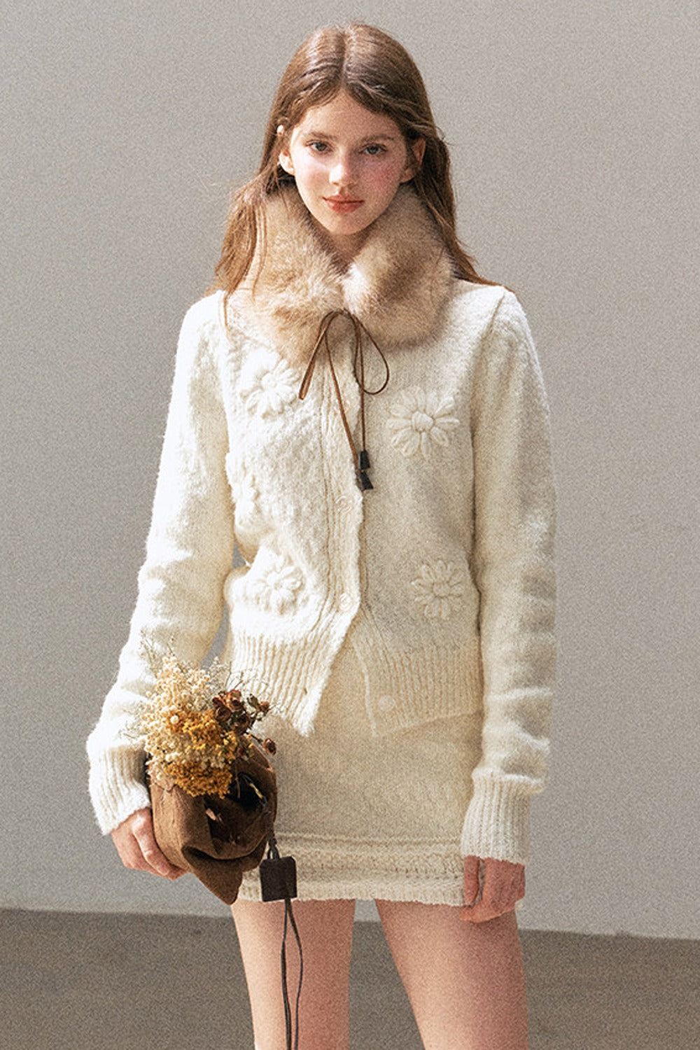 French Mercerized Wool Crochet Floral Cardigan and Skirt Set-Up