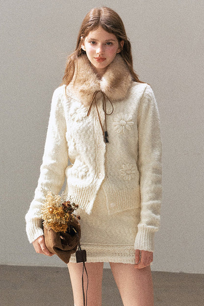 French Mercerized Wool Crochet Floral Cardigan and Skirt Set-Up