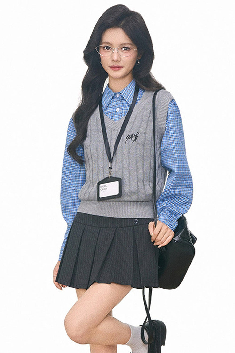 Plaid Shirt Cable Vest and Skirt 4-Piece Set-Up