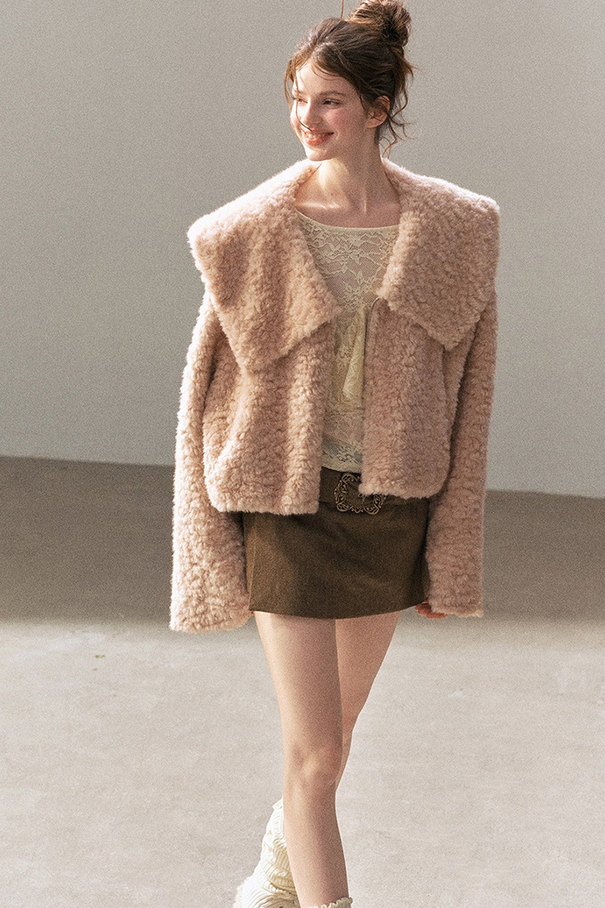 Large Lapel Textured Faux Fur Teddy Jacket