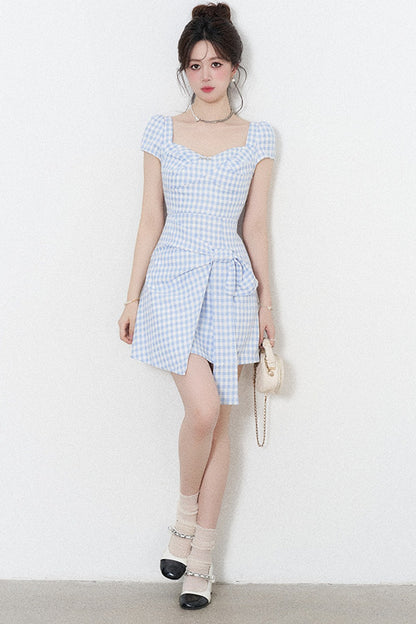 Blue Plaid Square Neck Irregular Dress
