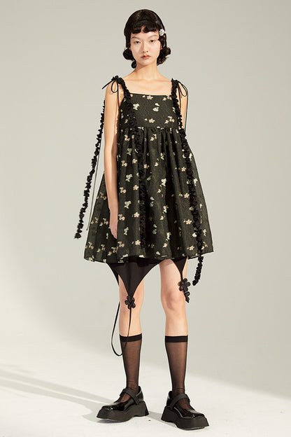 Floral Jacquard Ruffle Strap Dress