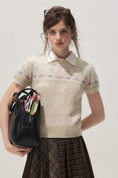 Retro Fair Isle Argyle Short-Sleeve Knit Sweater and Skirt Set-Up