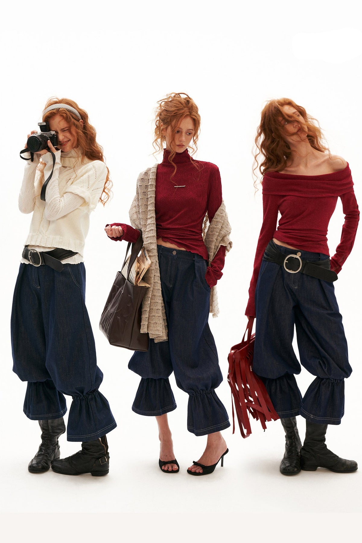 Jeans in denim a lanterna con orli a volant