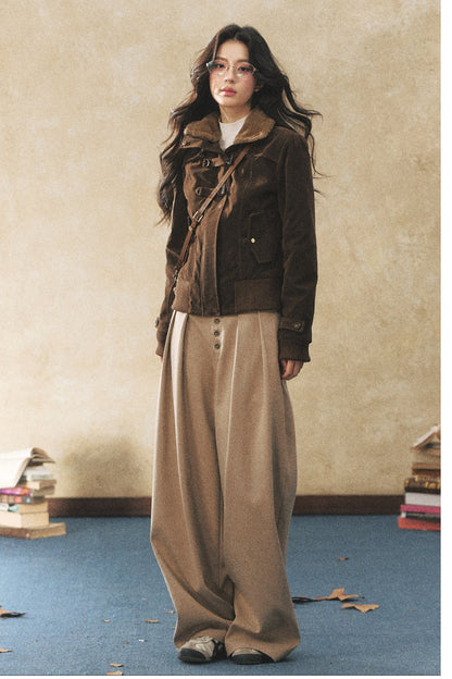 Khaki Wide-Leg Casual Pants