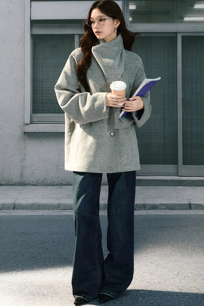 Asymmetrical Scarf Collar Woolen Jacket