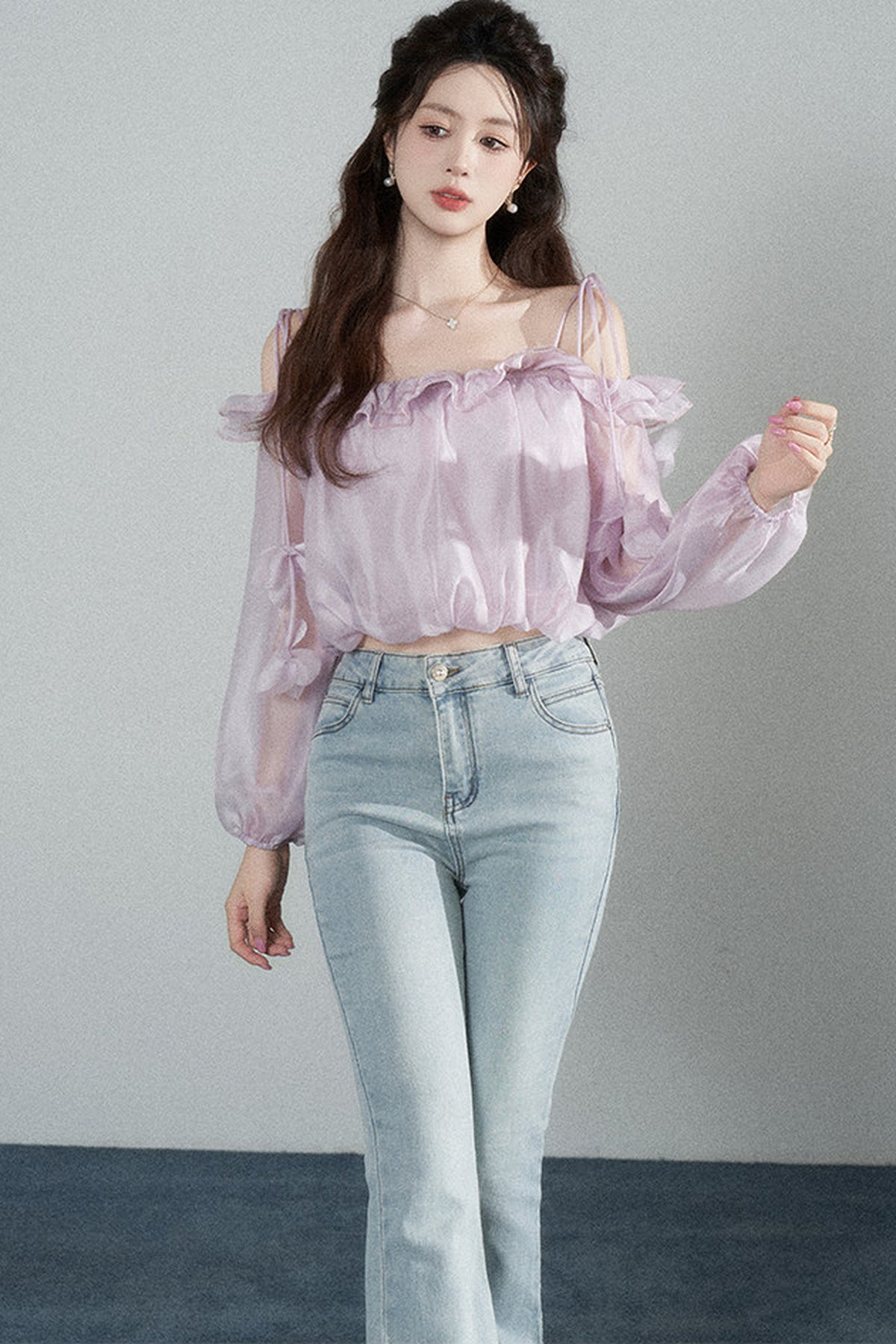 Ruffled One-Shoulder Chiffon Blouse