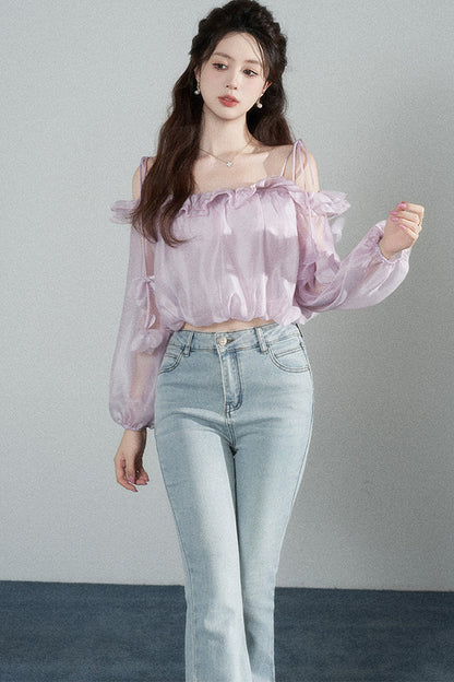 Ruffled One-Shoulder Chiffon Blouse
