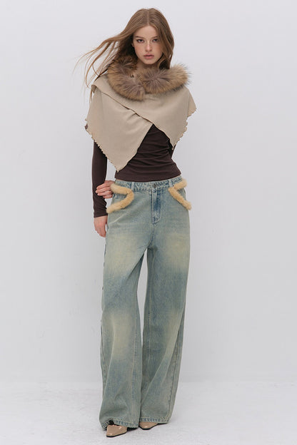 Fur Patch Wide-Leg Jeans