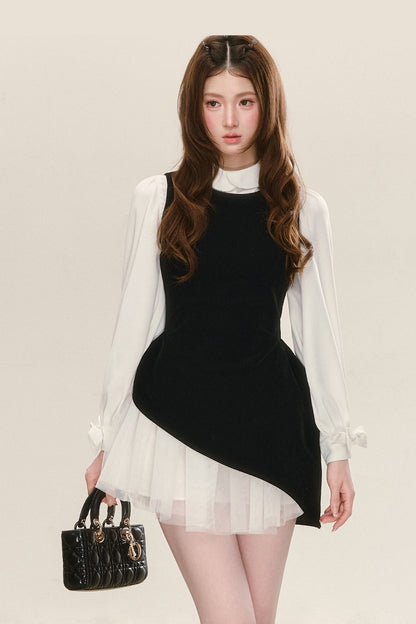 Black Velvet Mesh Overlay Dress and White Shirt Set