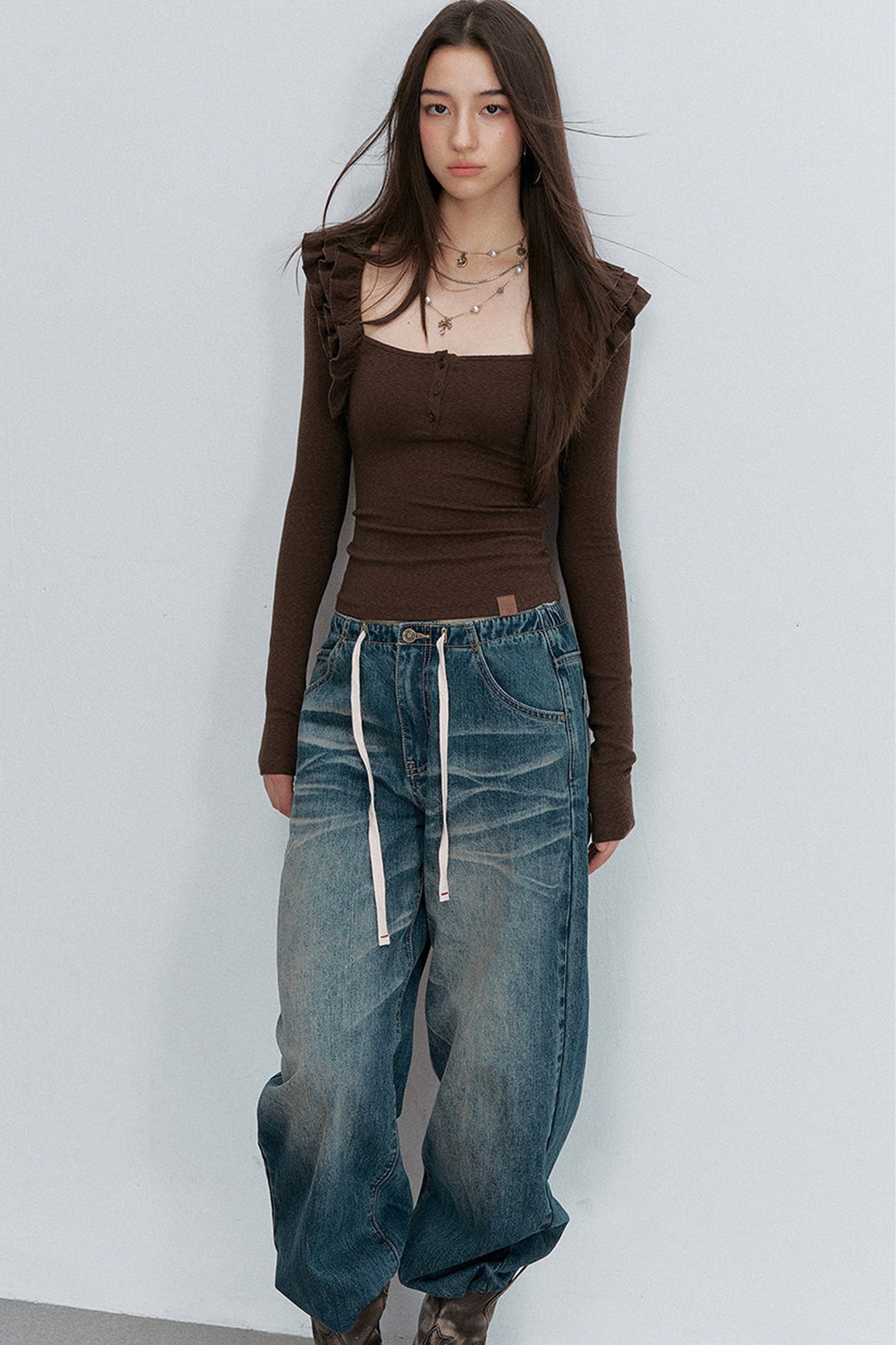 Top in maglia plissettato color caramello