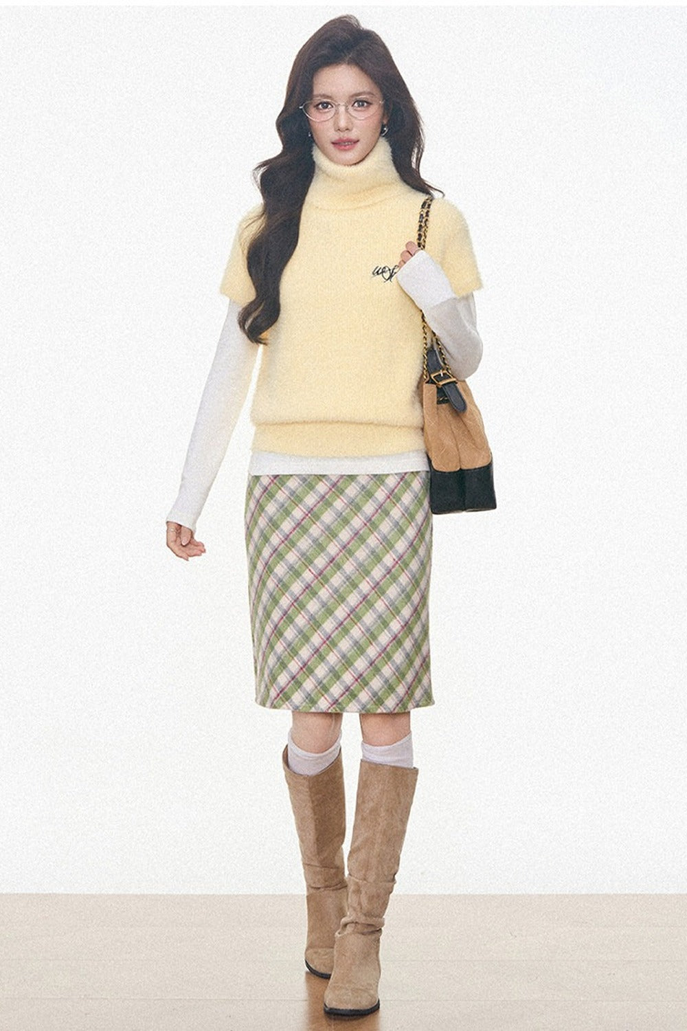 Faux Mink Turtleneck Sweater With Plaid Midi Skirt and Pants Set-Up