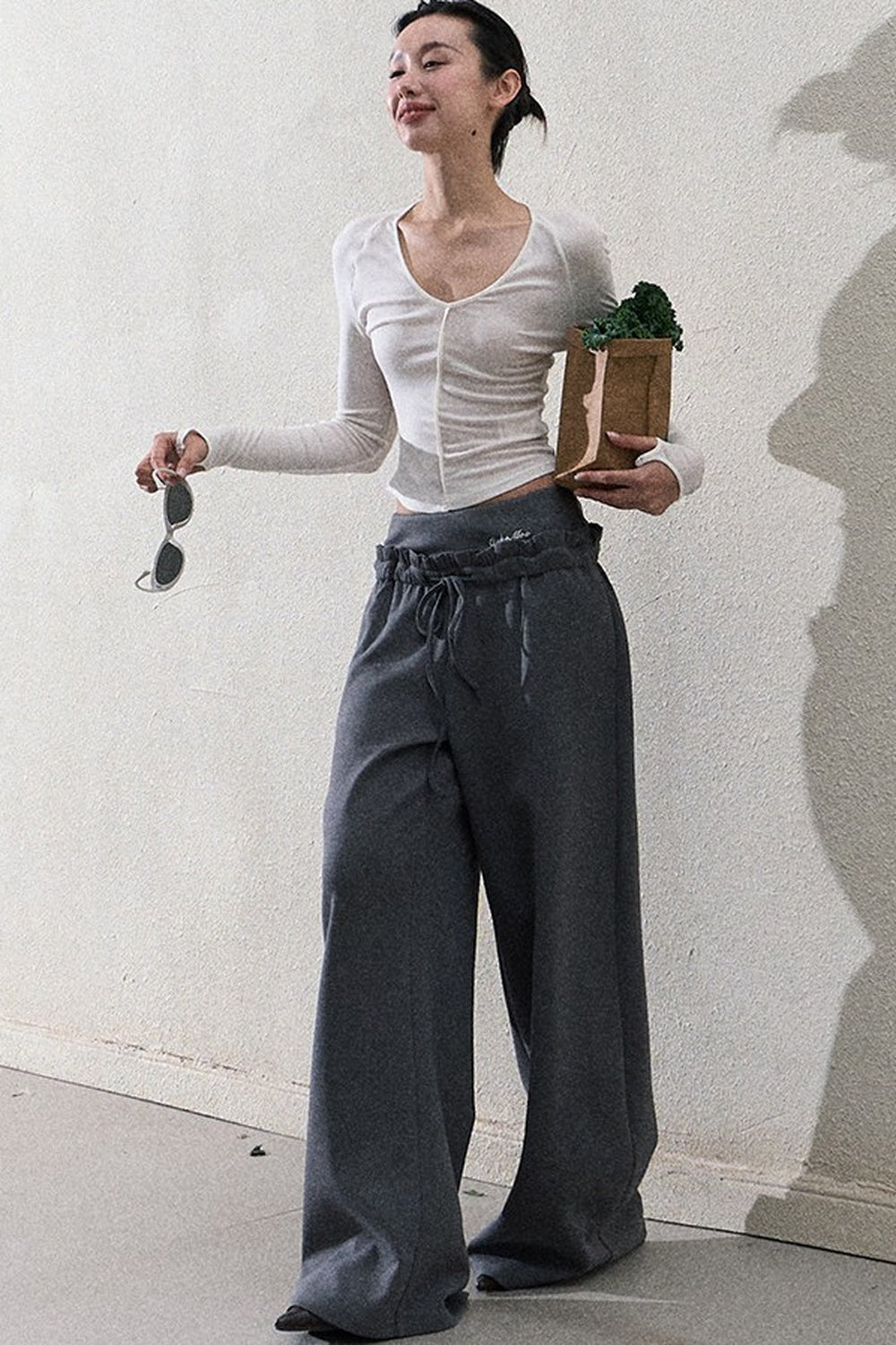 Liquid Cotton Ruffle Wide-Leg Pants