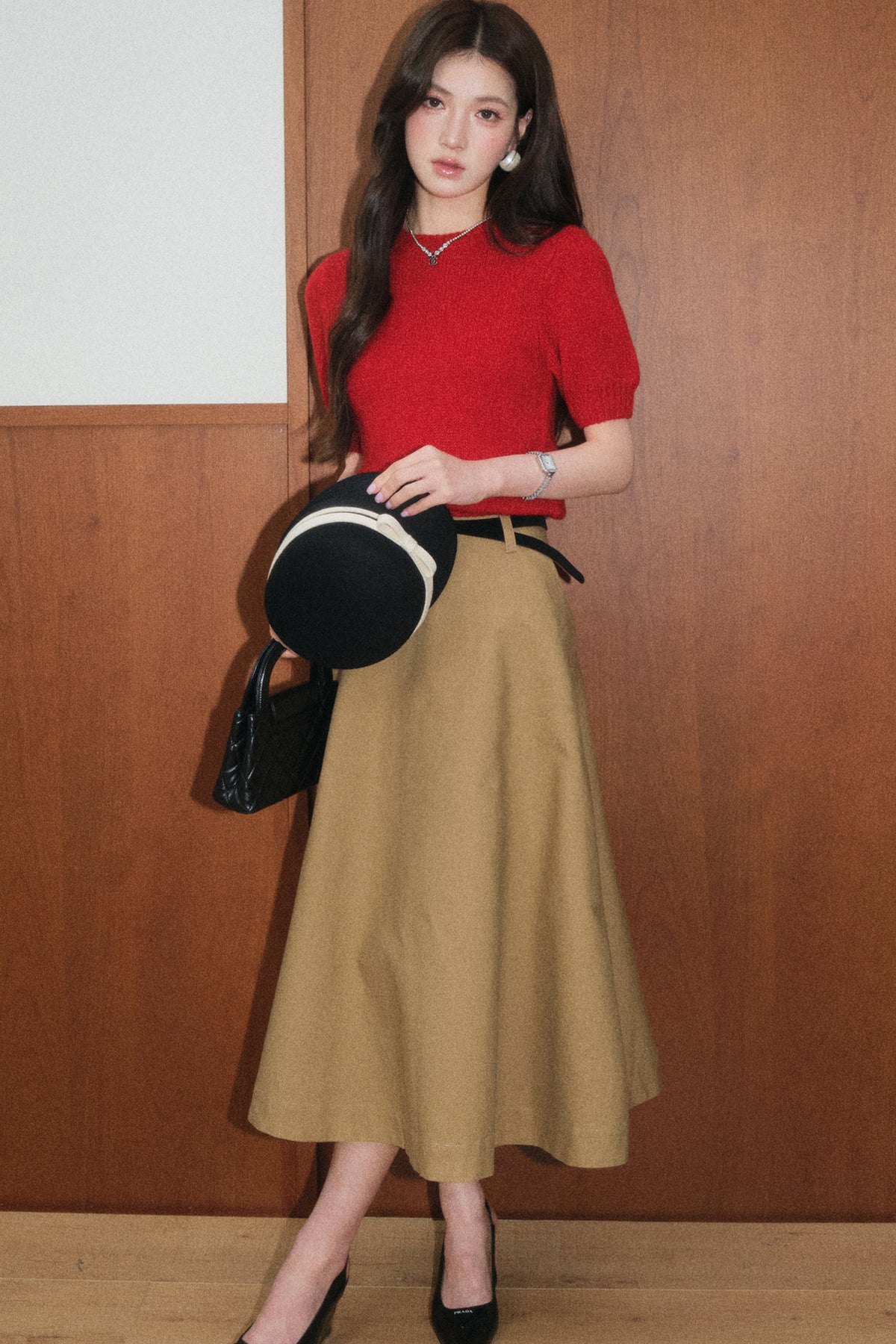 Red Wool Pullover and Retro A-Line Skirt Set-Up