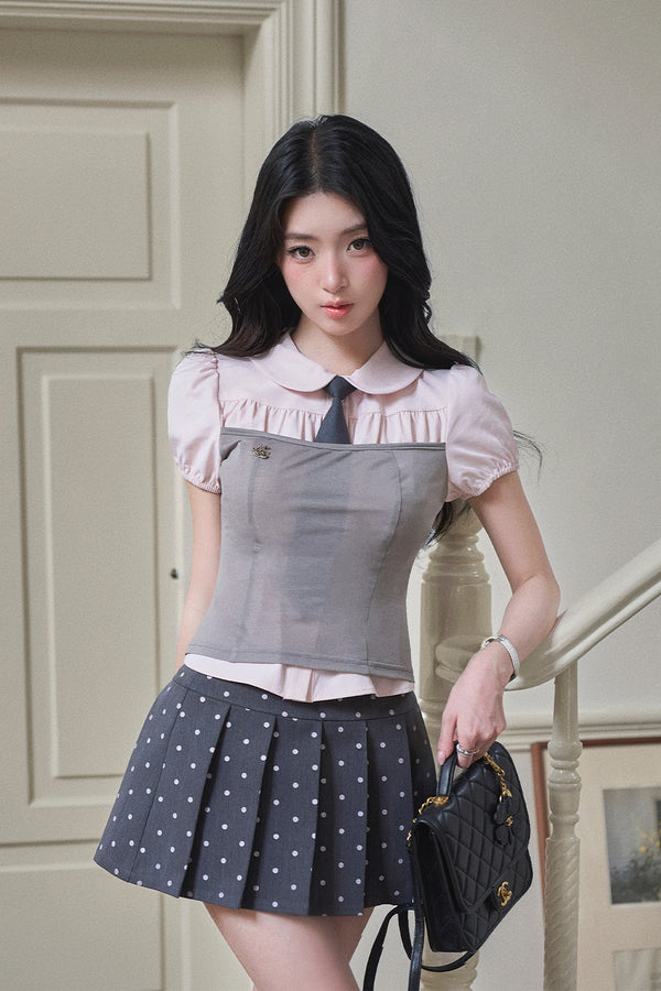 Polka Dot Pleated Skirt And Doll Collar Shirt