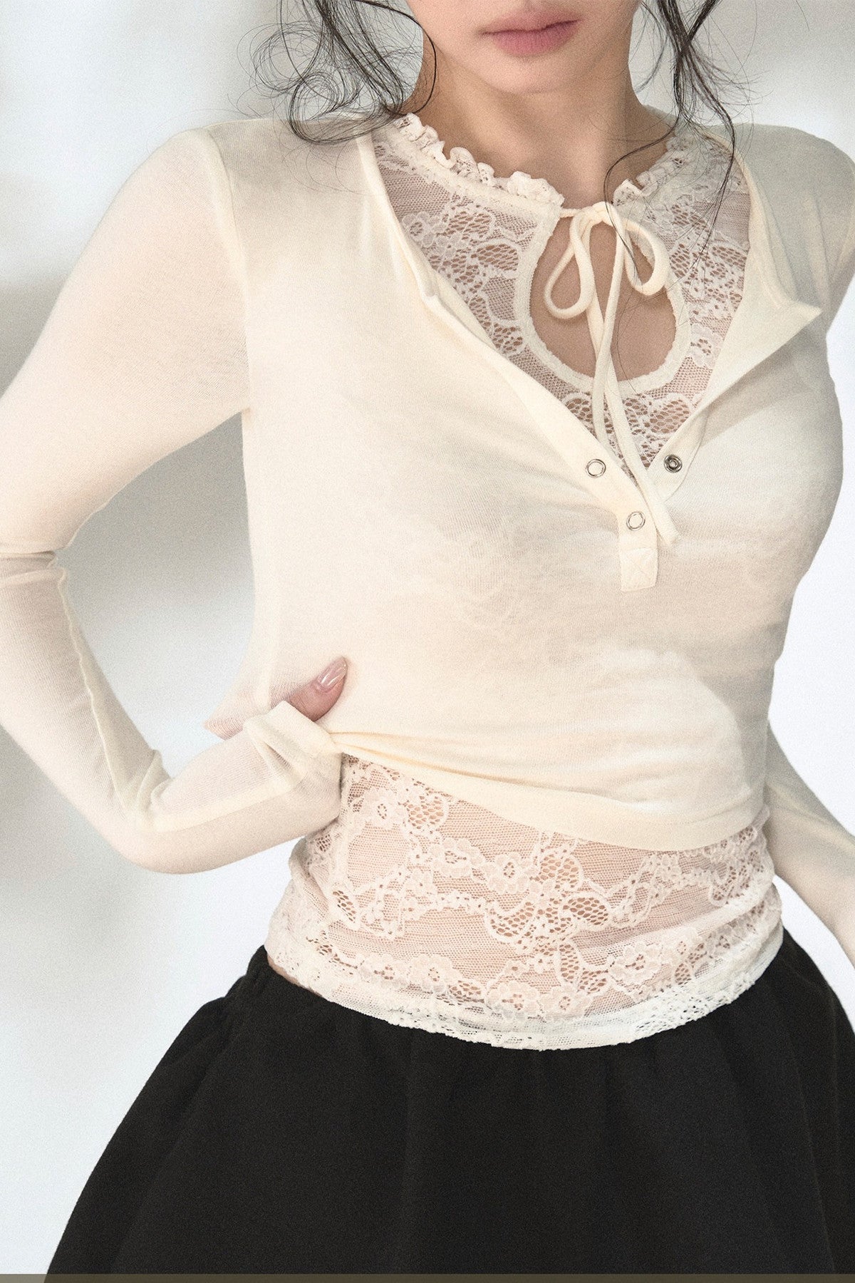 Layered-Look Lace Knit Top