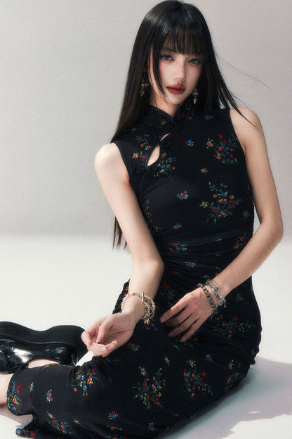 Floral Mesh Cheongsam Long Dress