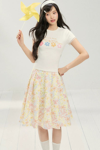 Floral Pleated Skirt and T-shirt Set-Up