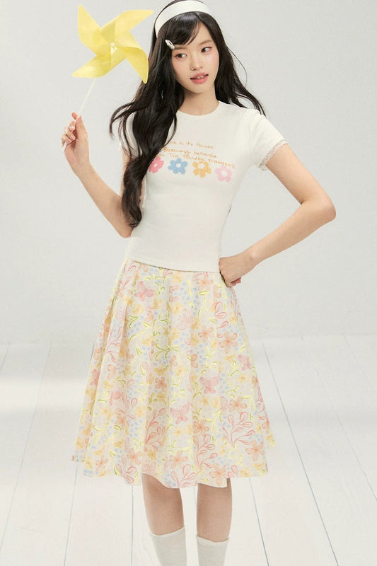 Floral Pleated Skirt and T-shirt Set-Up