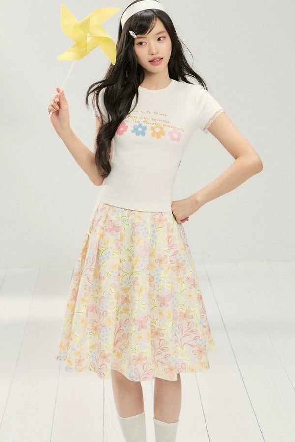 Floral Pleated Skirt and T-shirt Set-Up