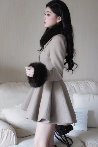 Detachable Fur Collar Double-Breasted Wool Jacket