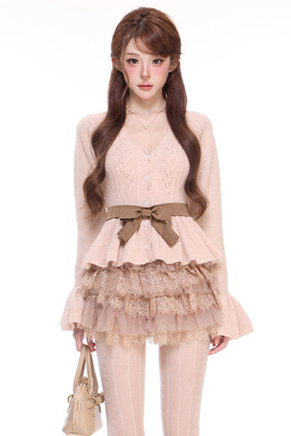 Bell-Sleeve Cardigan and Bow Belt Puffy Skirt Set-Up
