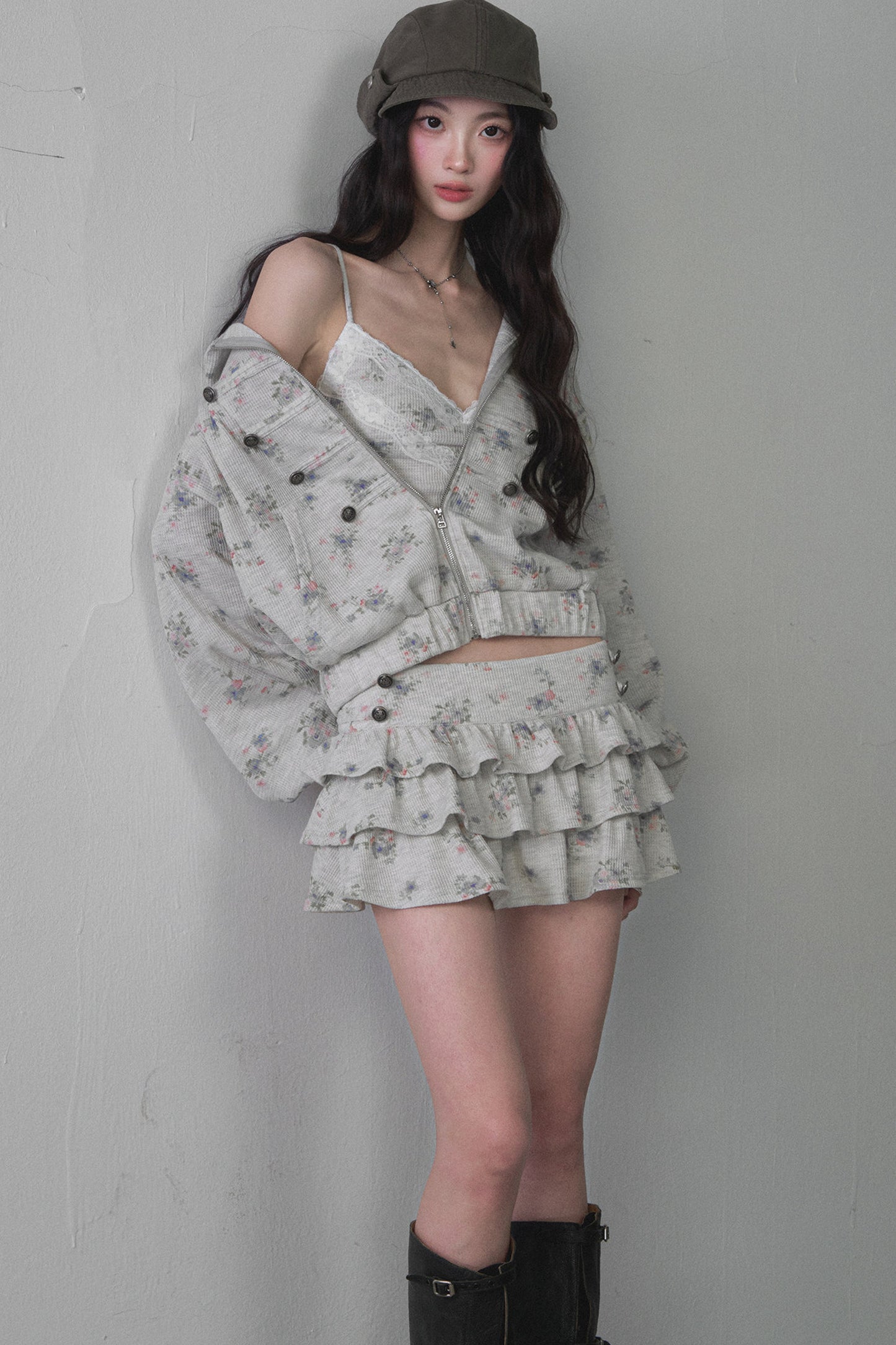 Floral Hooded Sweatshirt and Multi-Layer Cake Skirt Set