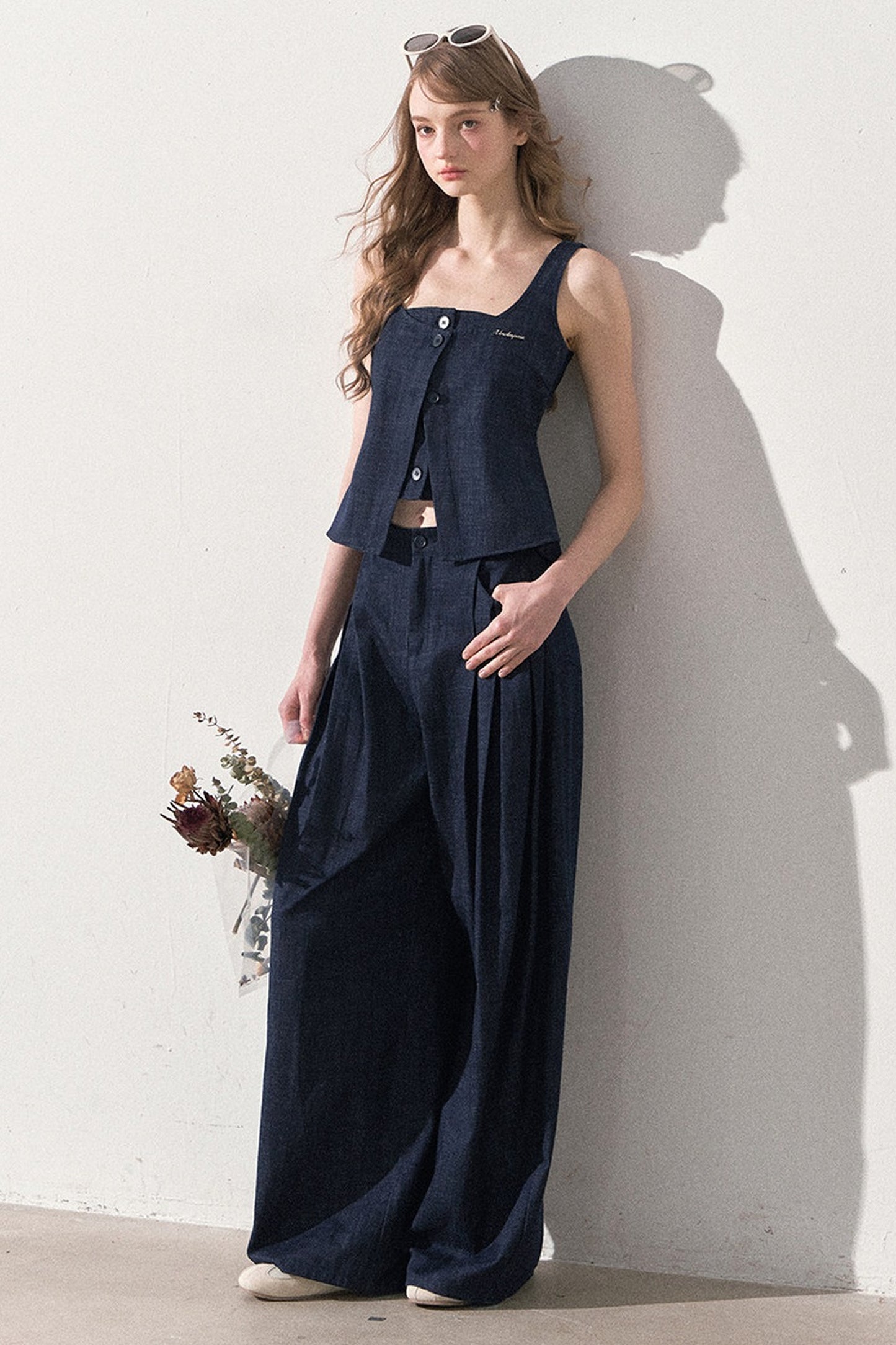 Layered-Look Faux Denim Vest and Wide Leg Pants Set-Up