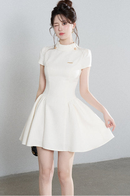 White Waist-Cinching A-Line Dress